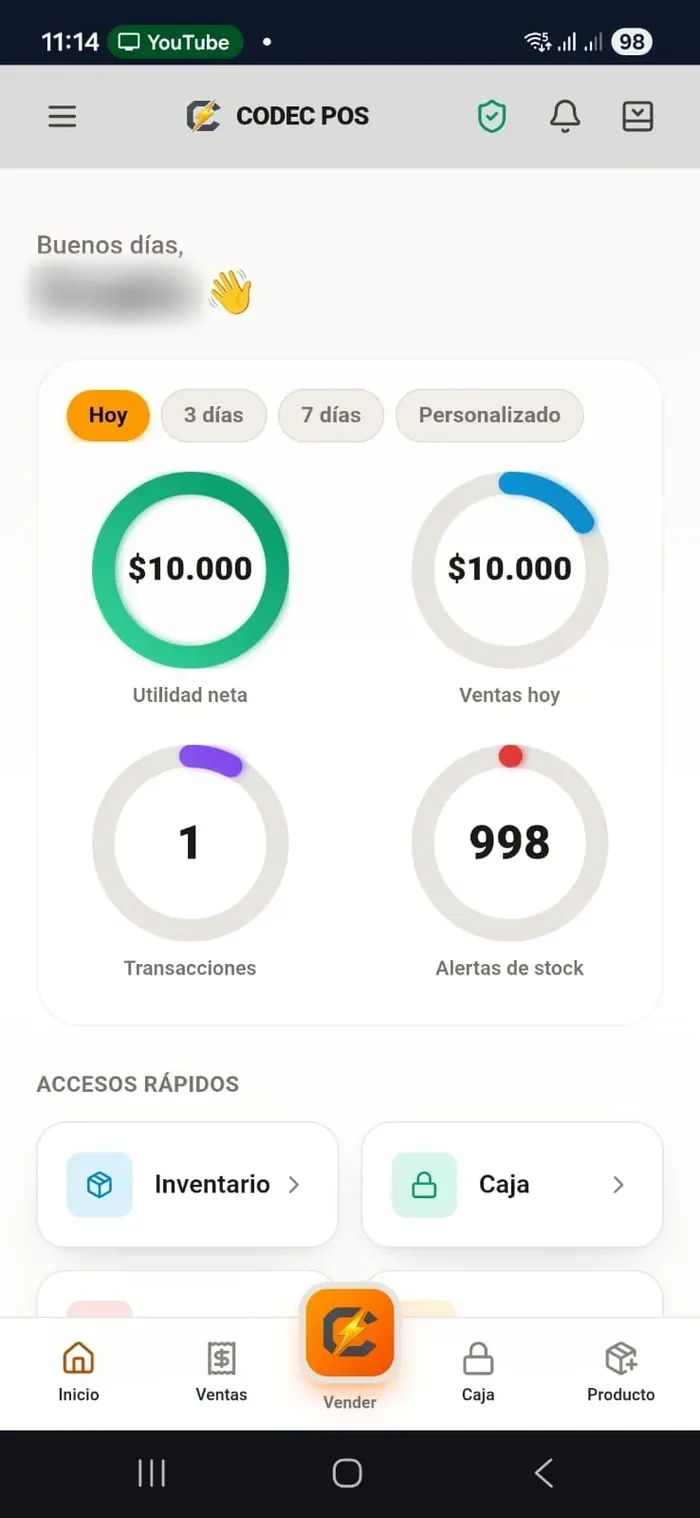 App móvil de Codec POS: inicio con utilidad neta, ventas del día y alertas de stock