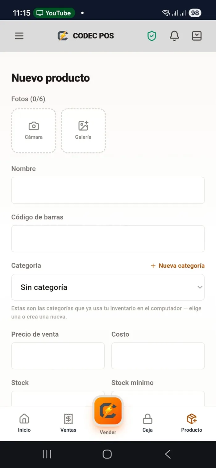 App móvil de Codec POS: formulario para crear un producto nuevo
