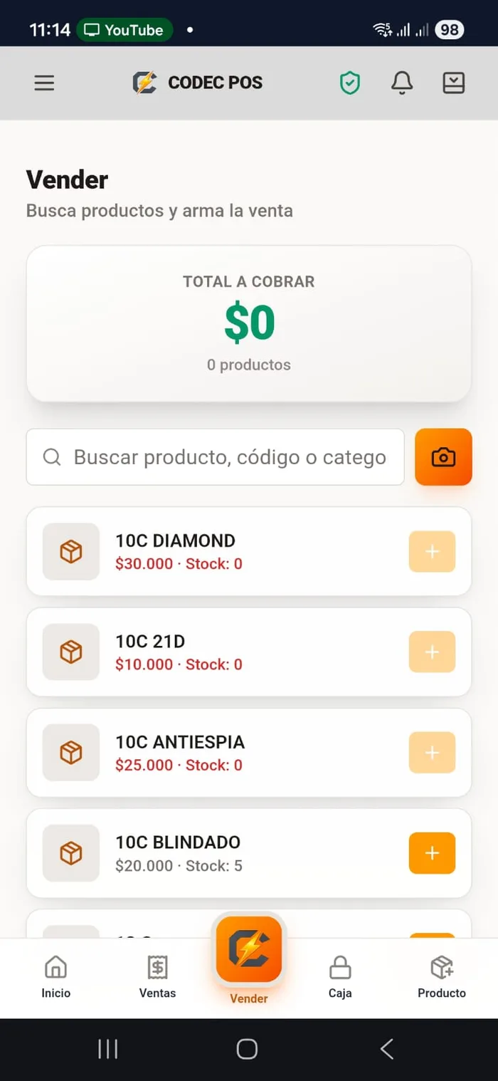 App móvil de Codec POS: pantalla de vender con búsqueda de productos