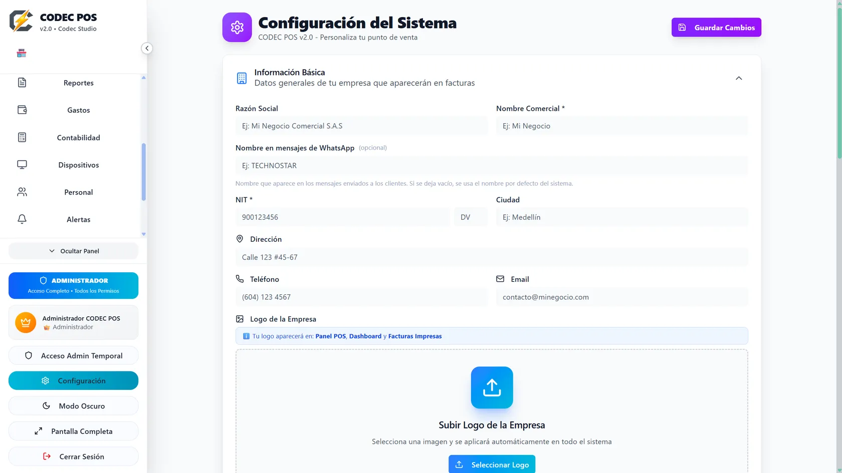 Configuración del sistema en Codec POS