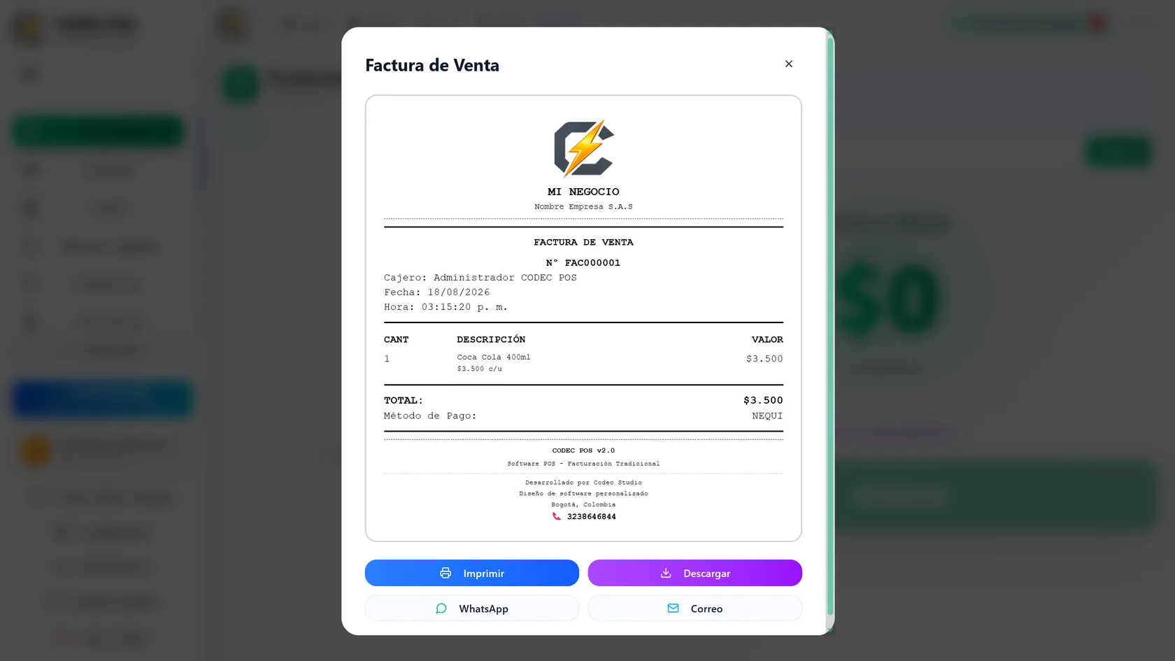 Factura de venta generada por Codec POS