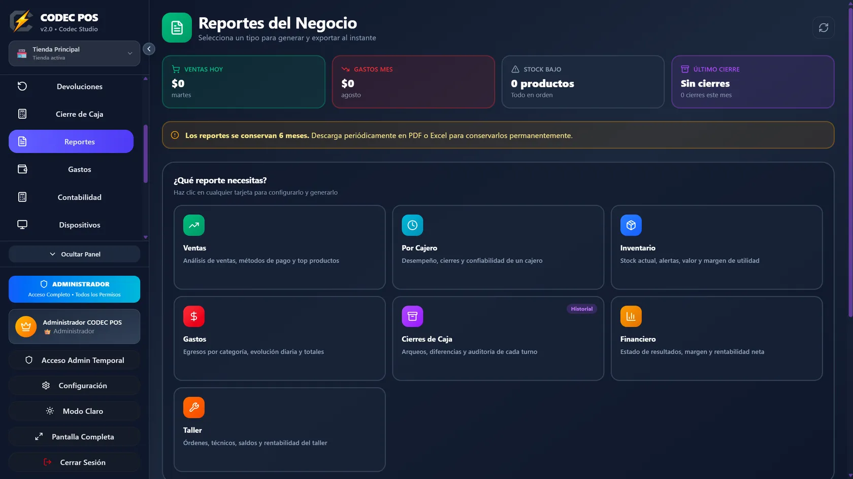 Reportes del negocio en Codec POS