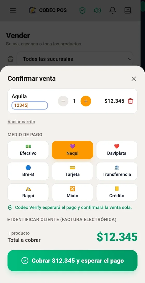 Codec POS en el celular: el cajero elige Nequi y cobra $12.345