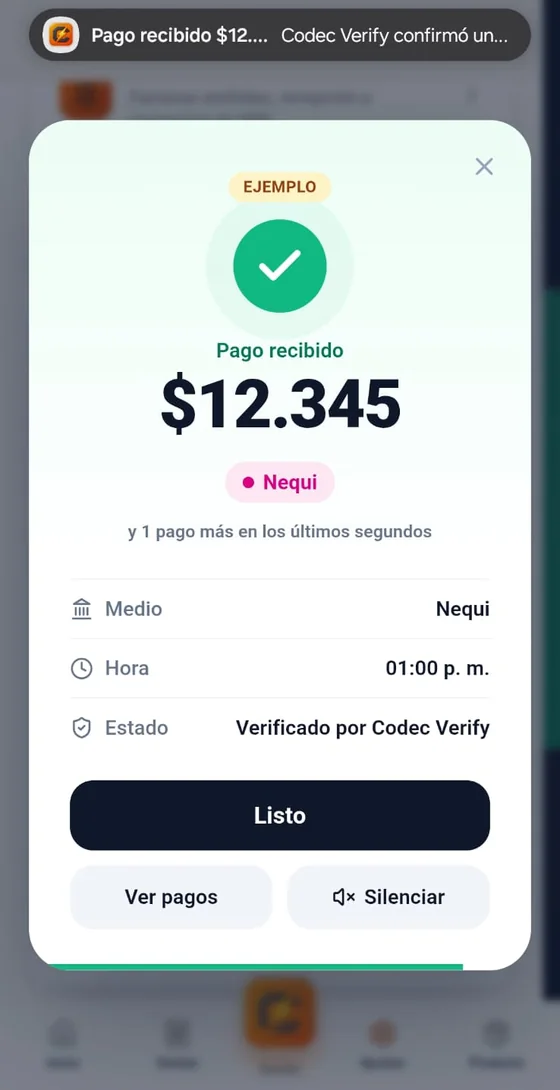 Codec Verify confirma el pago recibido por Nequi