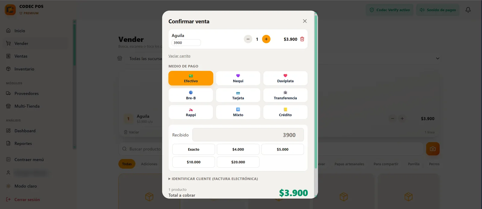 Confirmar venta con efectivo, Nequi, Daviplata, Bre-B, tarjeta o crédito