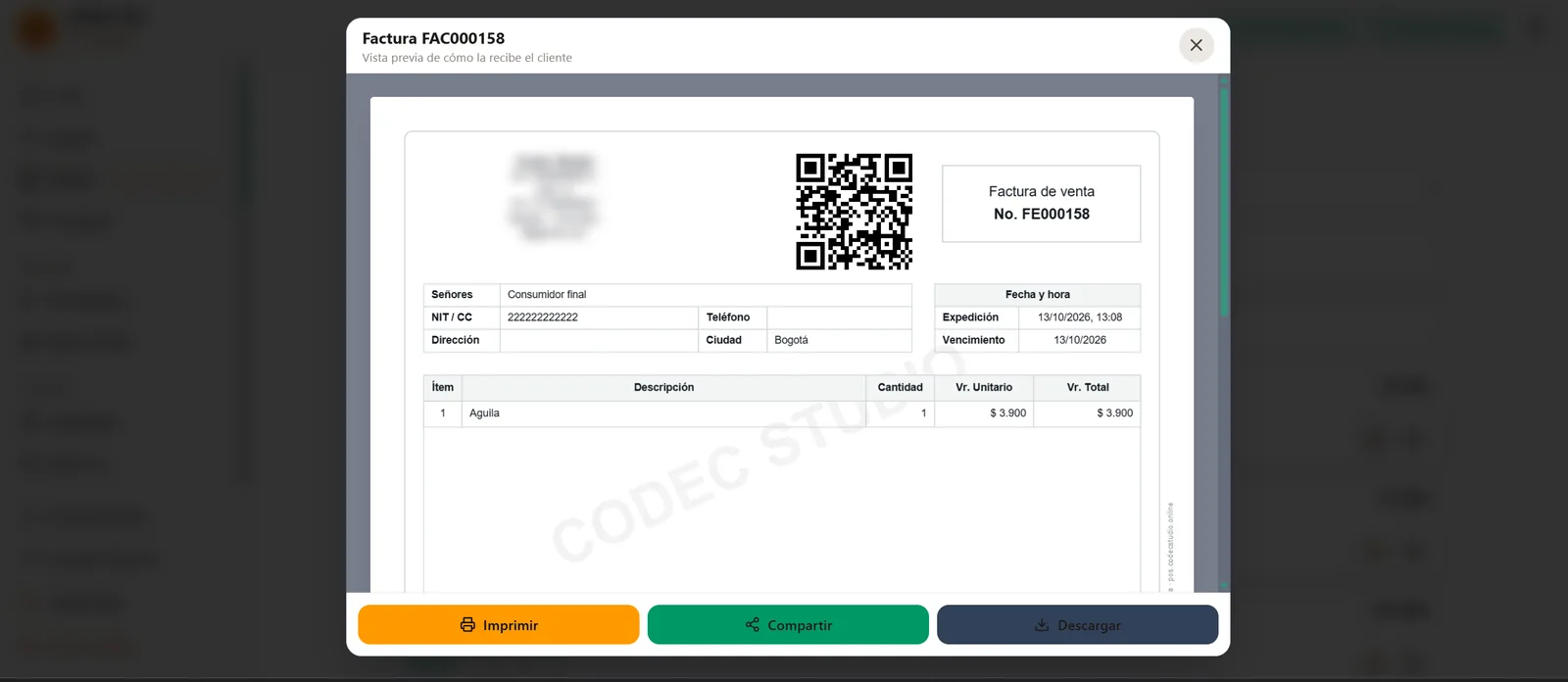 Factura de venta de Codec POS con código QR