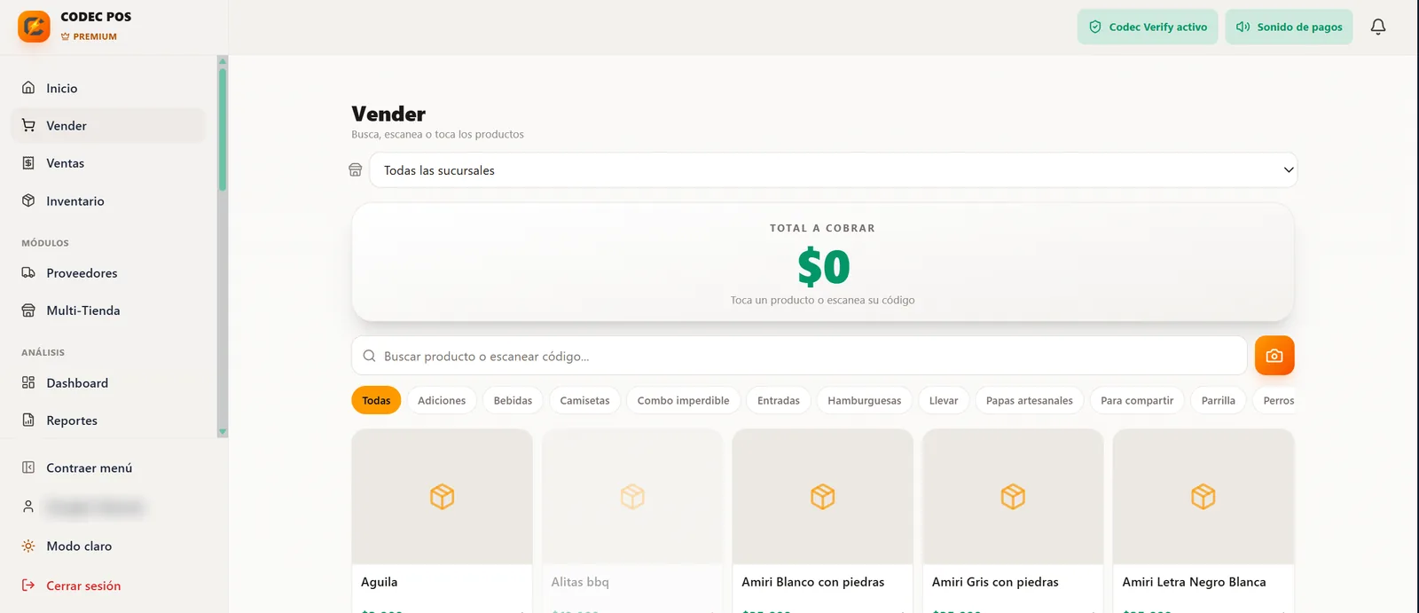Pantalla Vender de Codec POS en el navegador