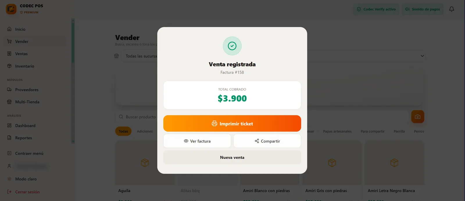 Venta registrada con opciones de imprimir ticket, ver factura y compartir